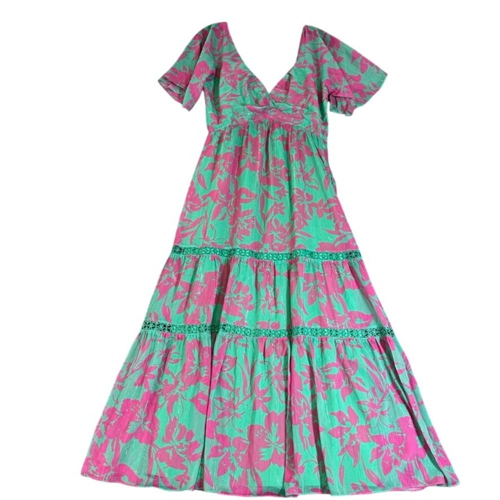 NWT Adelyn Rae Floral Maxi Dress Green Pink Metallic Tiered Lace V-Neck Medium